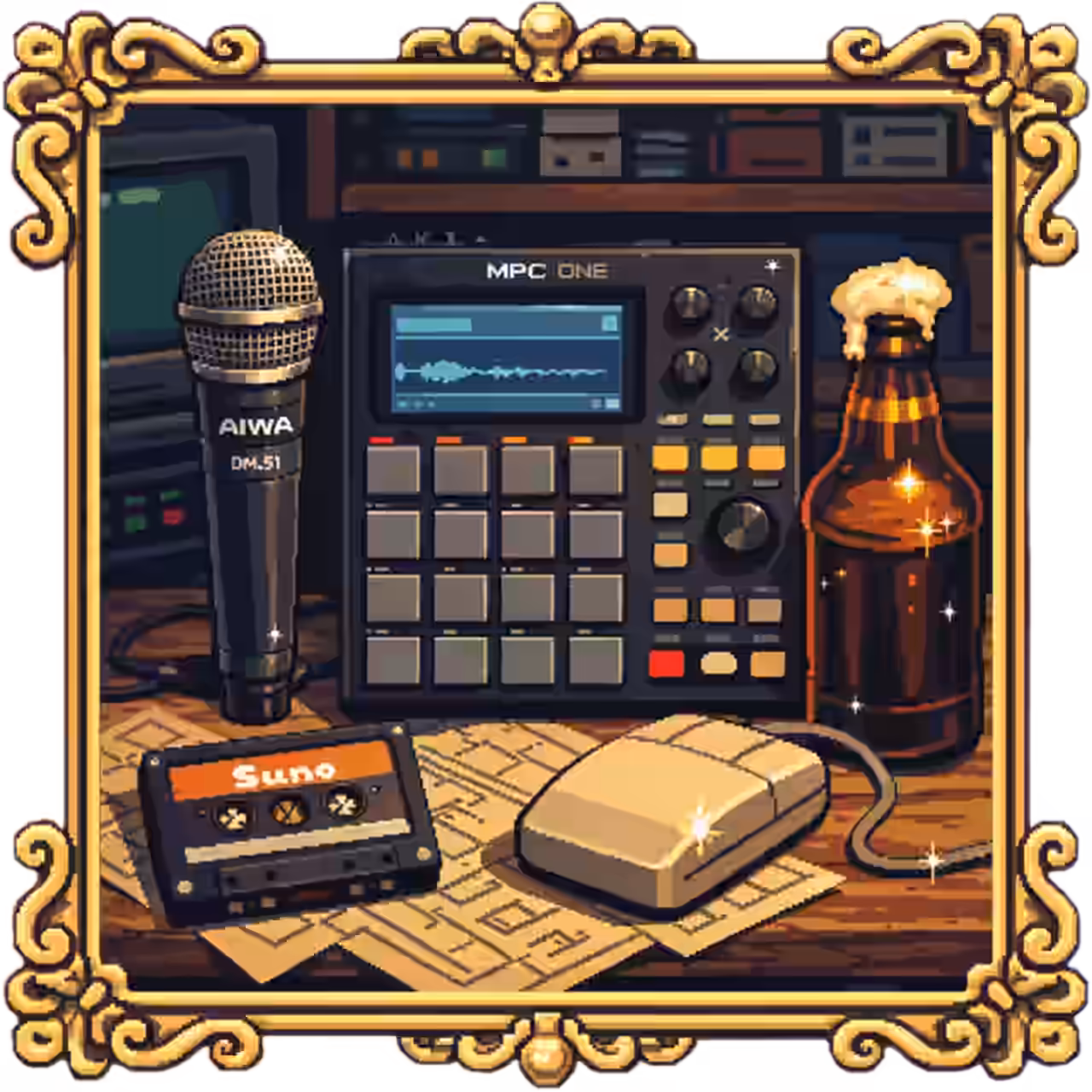 A poetic clash of analog and algorithmic worlds: an AIWA DM‑51 microphone lounges beside glowing MPC pads, flanked by a Suno cassette, retro Amiga mouse, and a simmering homebrew bottle.