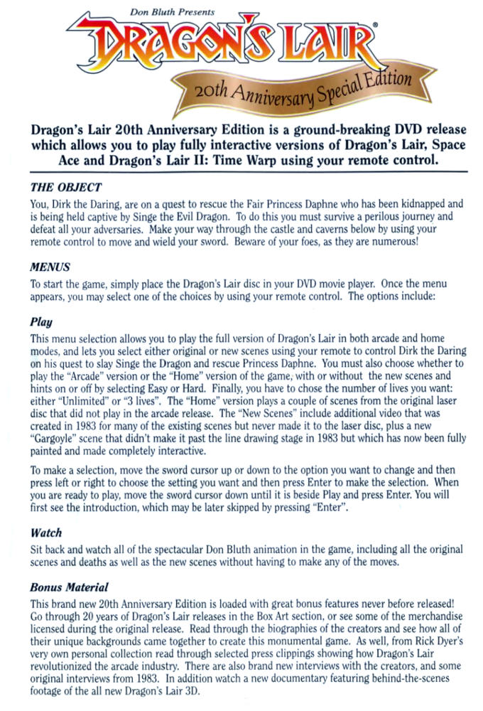 Dragon's Lair DVD instructions back