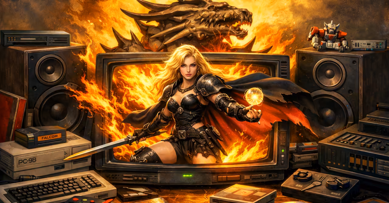 Brandish 2 inspired hero banner showing a fantasy warrior and dragon bursting from a CRT monitor surrounded by early 1990s Japanese gaming equipment and FM synthesis audio gear