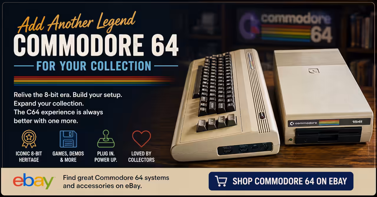 Wide promotional banner showing a Commodore 64 computer and 1541 disk drive for collectors and retro computing enthusiasts