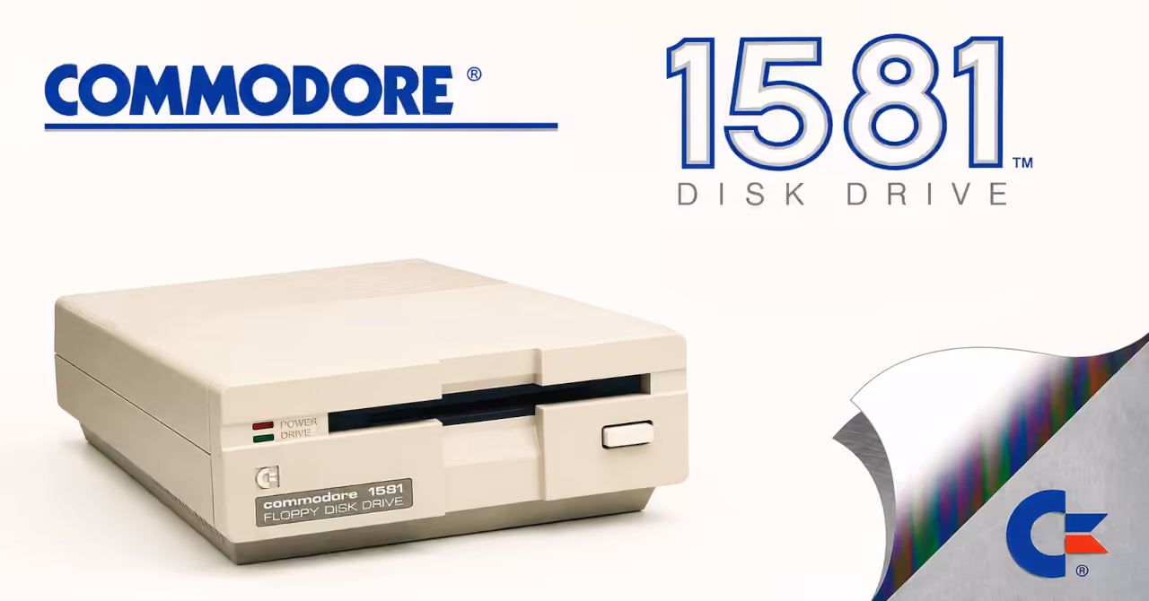 Commodore 1581 disk drive beside remastered styling inspired by the original 1581 user’s guide cover.