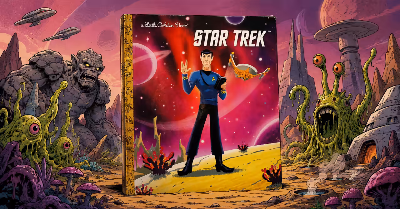 A Star Trek Little Golden Book featuring Mr. Spock stands before a colourful comic-style alien world filled with towering stone monsters, gooey aliens, and strange extraterrestrial plants.