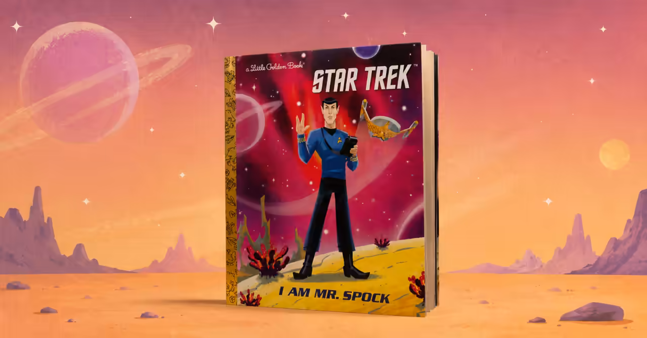 Front cover of the Little Golden Book I Am Mr. Spock, showing Spock on a colourful alien planet