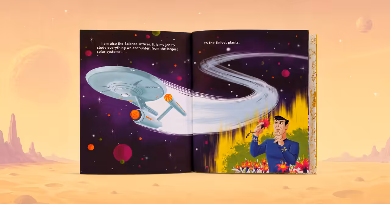 Open children's Star Trek storybook showing the USS Enterprise streaking through space while Mr Spock studies a bright red flower on an alien world.