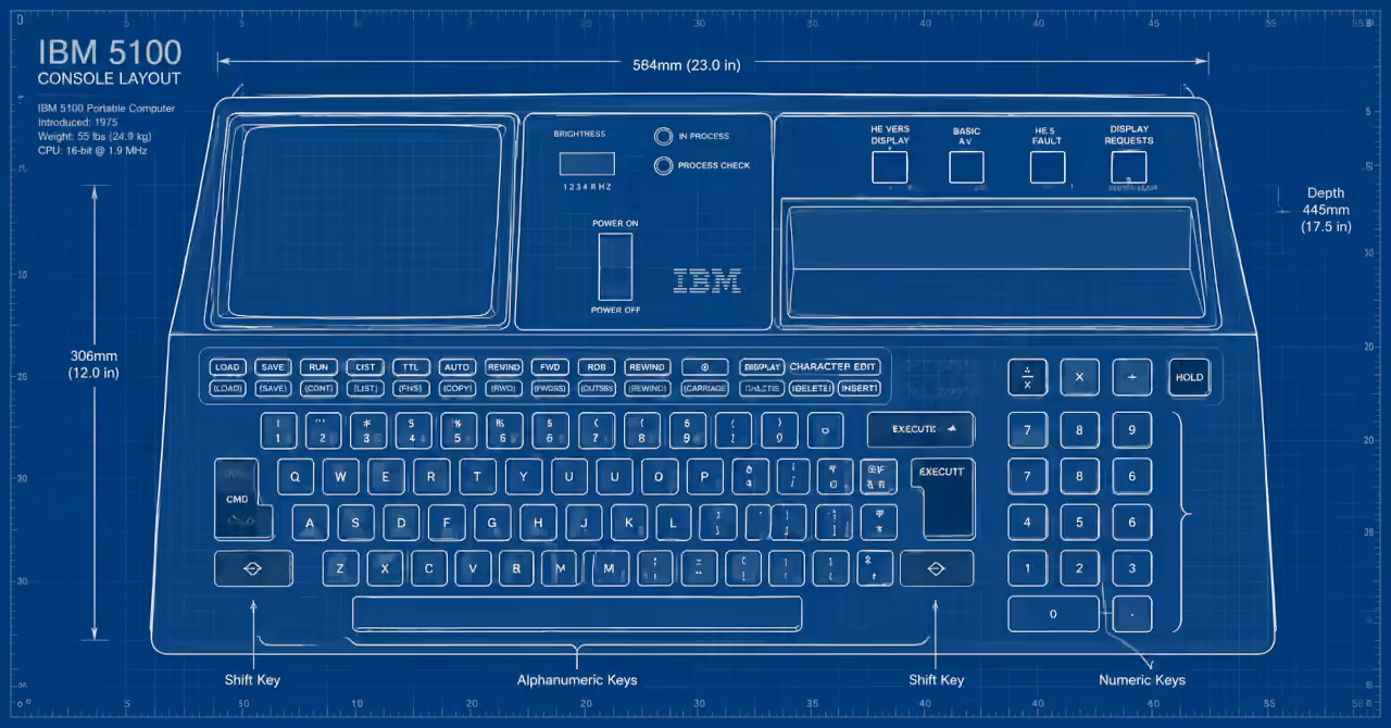 Blueprint-style technical illustration of the IBM 5100 portable computer, showing its CRT display, keyboard, controls, tape drive and numeric keypad.