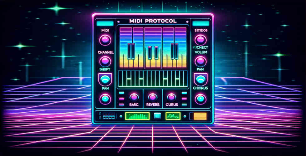 Retro-futuristic MIDI control panel illustration representing the concepts explored in this MIDI technical deep dive