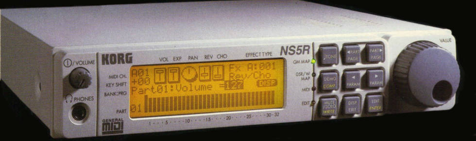 Korg NS5R sound module used as a compact General MIDI and GS-compatible tone generator for studio and retro-computing setups