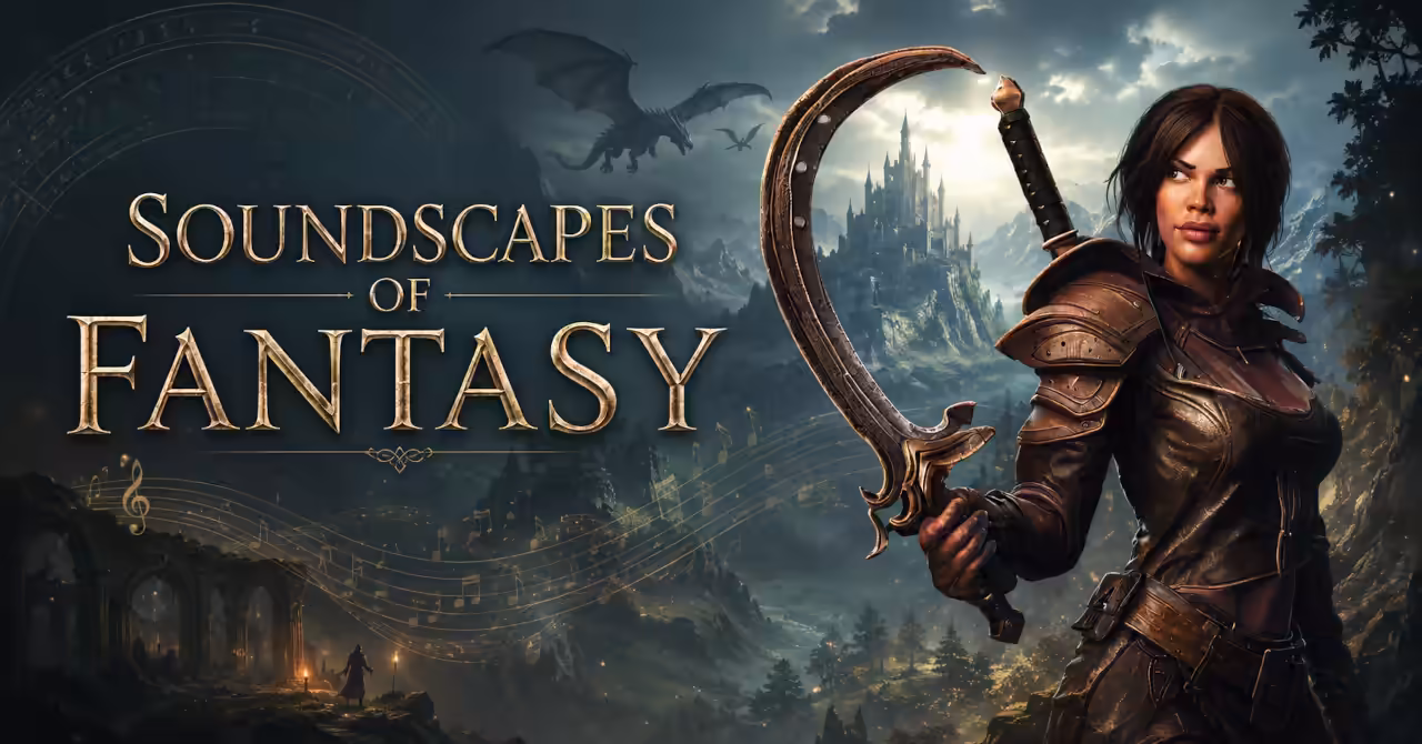 Fantasy warrior with sword overlooking a dark realm of dragons, castles, and musical motifs beneath the title Soundscapes of Fantasy