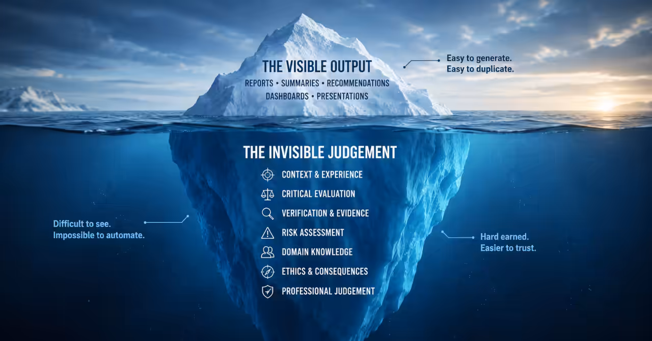 Iceberg showing visible output above the waterline and invisible judgement below, illustrating hidden expertise in the age of AI.