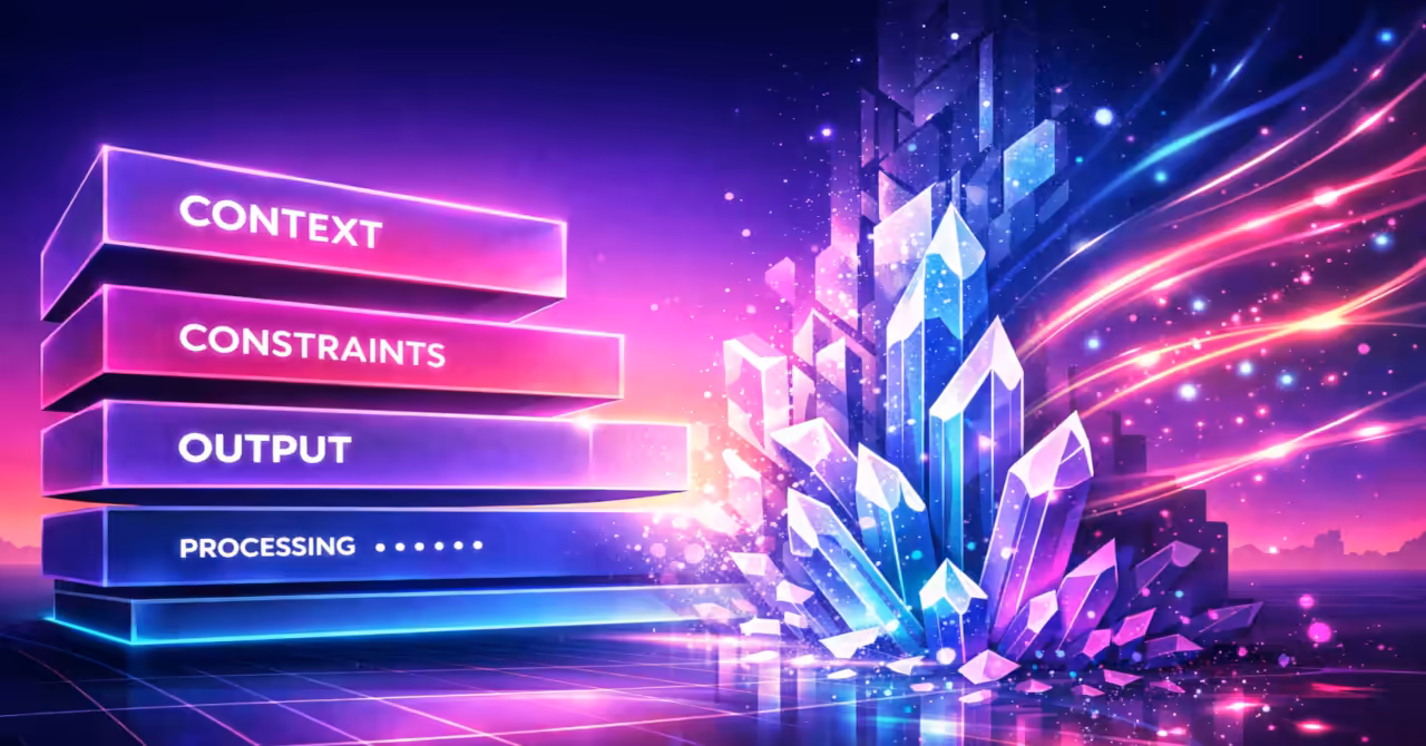 Synthwave widescreen illustration showing layered neon panels labelled context, constraints, output and processing, beside crystalline geometric forms transitioning from frozen structure to flowing energy on a glowing grid landscape