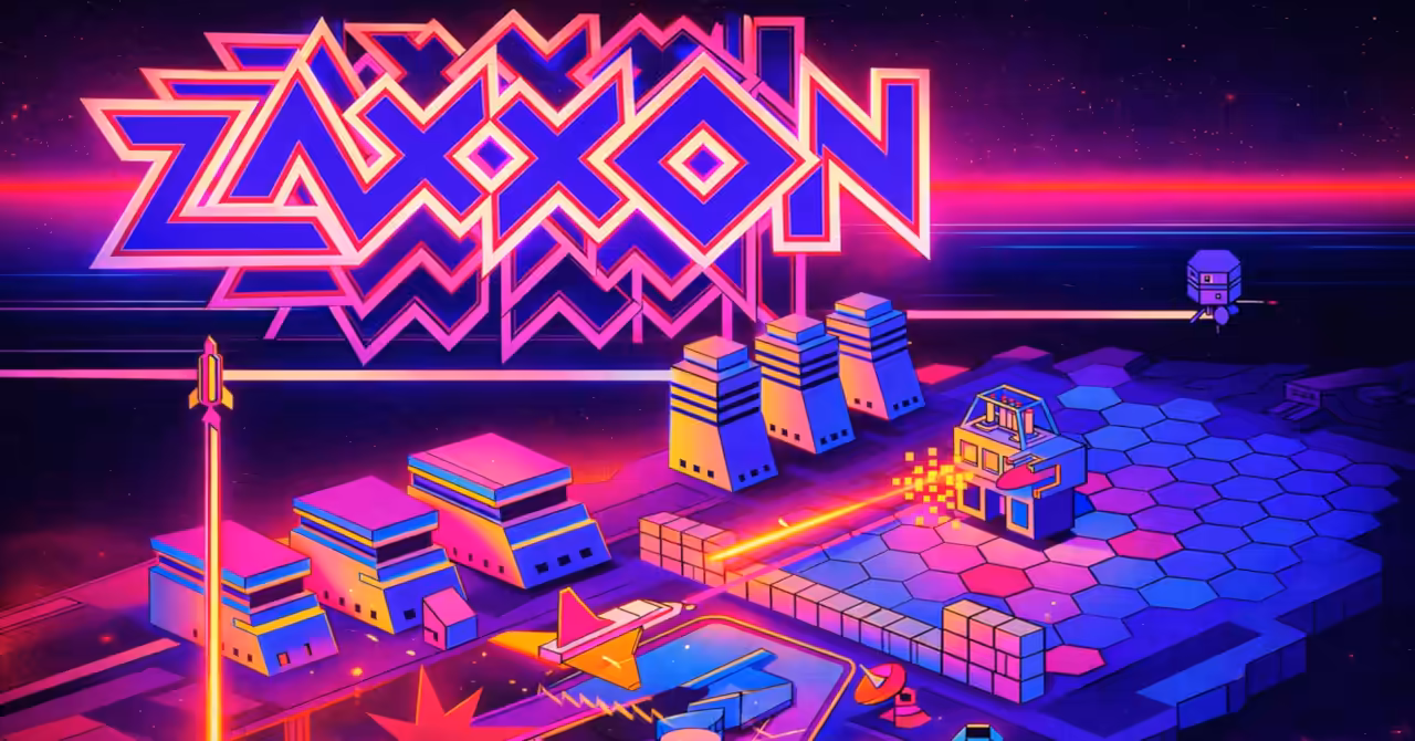 Zaxxon banner showing the game logo above an isometric arcade scene with futuristic buildings, lasers, and a spacecraft in flight.