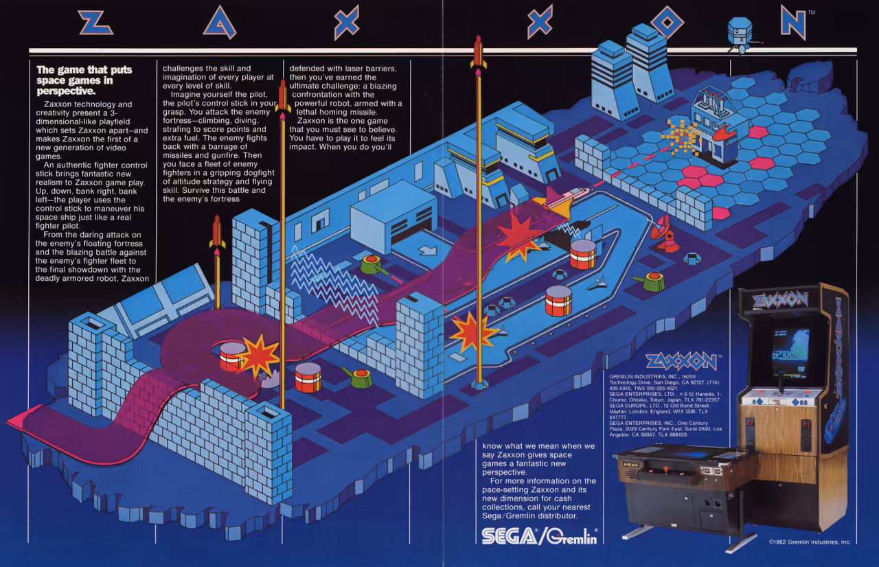 Zaxxon arcade sales flyer: interior spread (pages one and two)