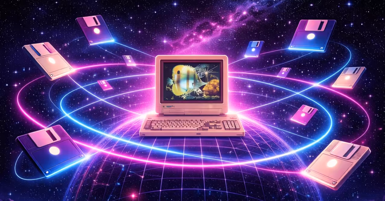 Surreal synthwave scene of a glowing Commodore Amiga surrounded by orbiting floppy disks in a neon night sky, symbolising how Amiga software circulated before the web.