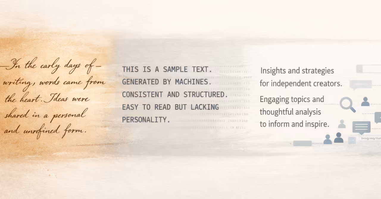 Illustration showing writing evolving from handwritten quill script, to rigid OCR text, to bold modern digital publishing with visible audience engagement.