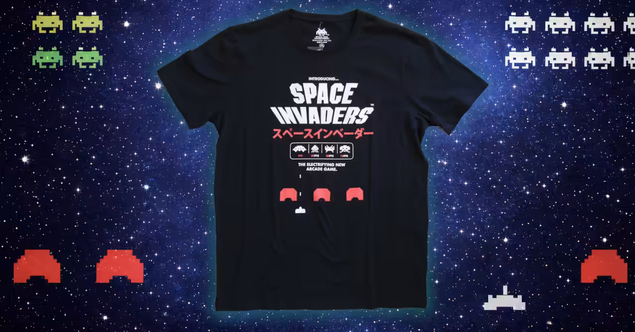 Wide banner artwork inspired by Space Invaders, using arcade-era colours and pixel motifs to evoke a vintage game launch atmosphere.