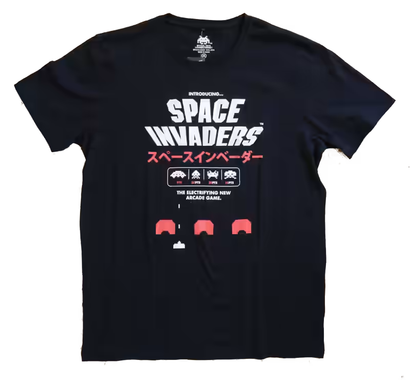 Official Taito Space Invaders black T-shirt showing Introducing Space Invaders text with classic pixel invaders, bunkers, and player cannon graphics.