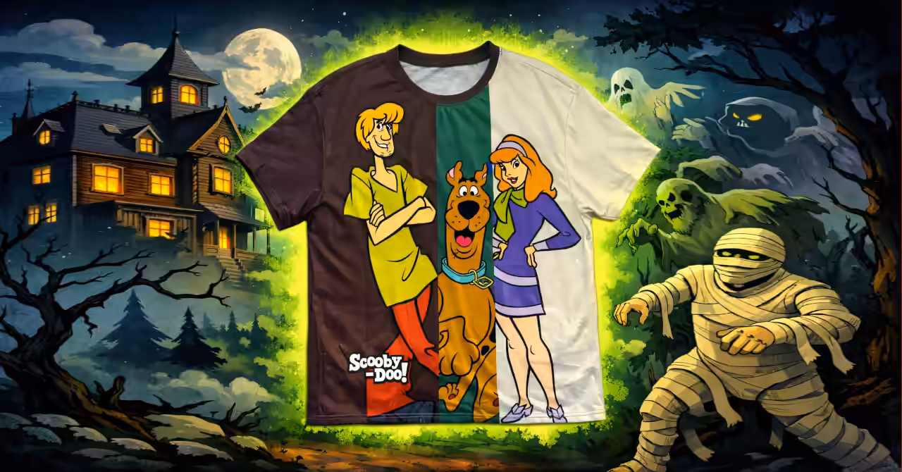 Scooby-Doo T-shirt centered with green slime glow, framed by a haunted house, ghostly ghouls, dark forest, and a wandering mummy in cartoon style.