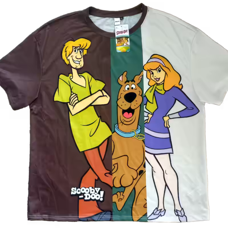 Scooby-Doo T-shirt featuring Shaggy, Scooby-Doo, and Daphne, with a hang tag at the collar