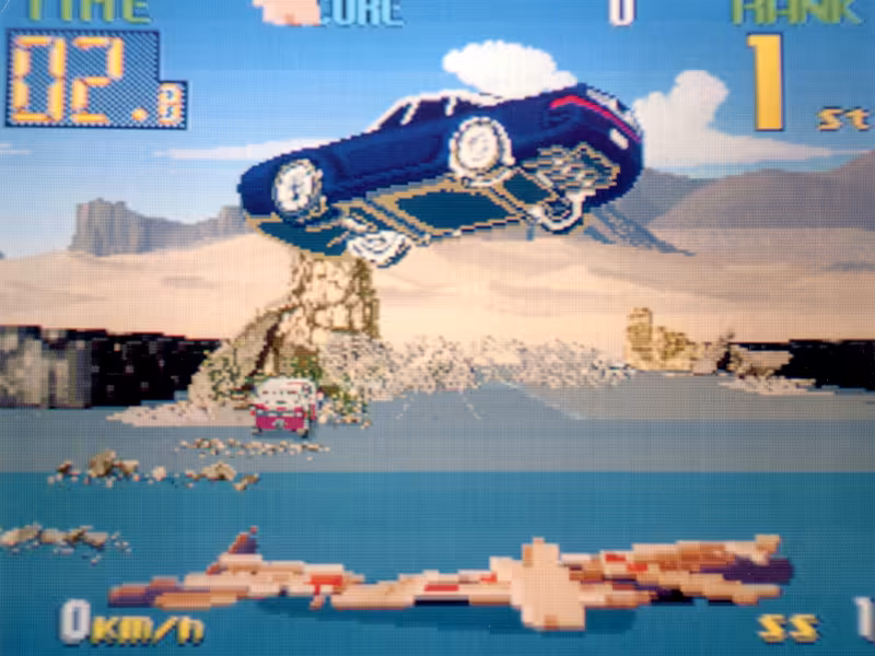 A rare screenshot of the Jaleco Big Run arcade game showing the 959 airborne across the screen