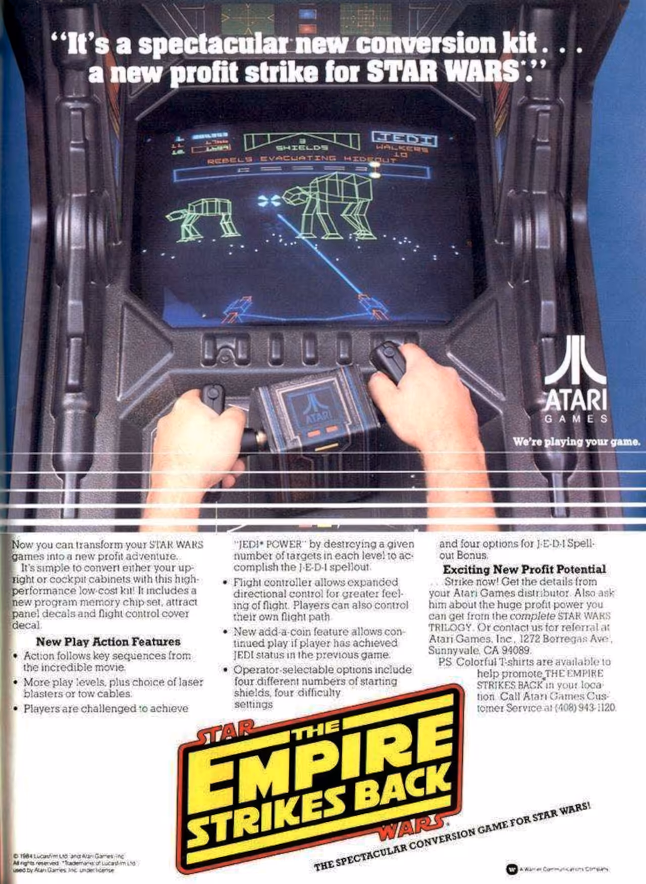 Atari Empire Strikes Back arcade conversion kit advertisement showing cockpit Star Wars cabinet upgrade offer aimed at arcade operators in a 1980s industry magazine (1984)