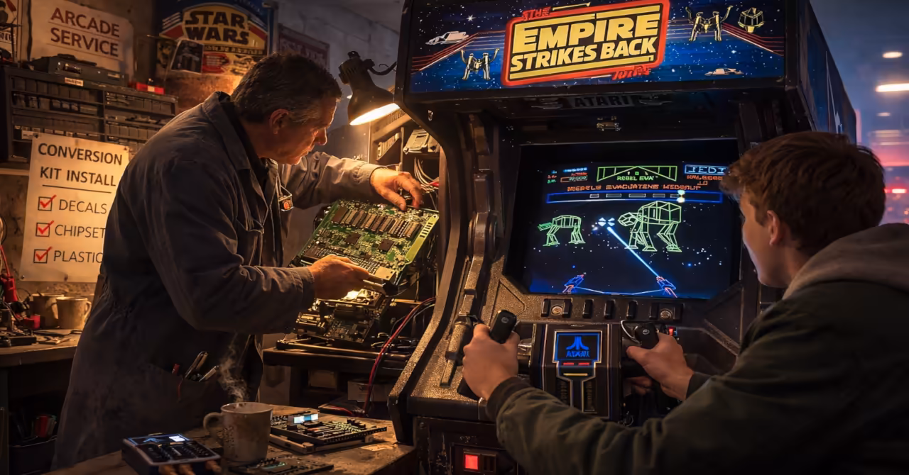 Arcade technician installing a conversion kit motherboard inside an Atari Star Wars cabinet while a teenager plays the game during a live upgrade