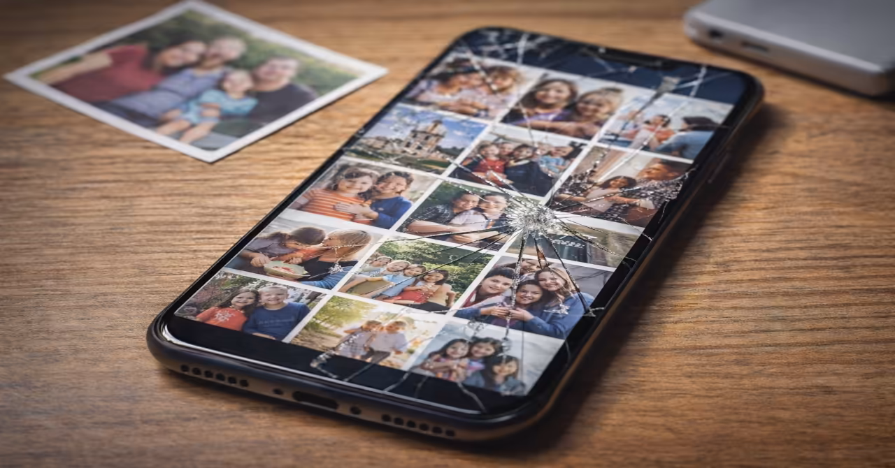 Cracked smartphone on wooden table displaying gallery of family photos, symbolising the fragility of digital memories stored on a single device.