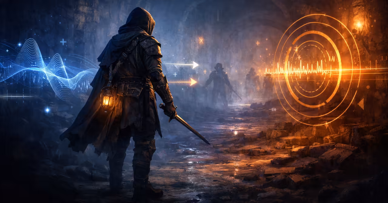 Fantasy RPG character in dark dungeon with glowing sound waves and audio rings guiding movement and signalling enemies ahead.