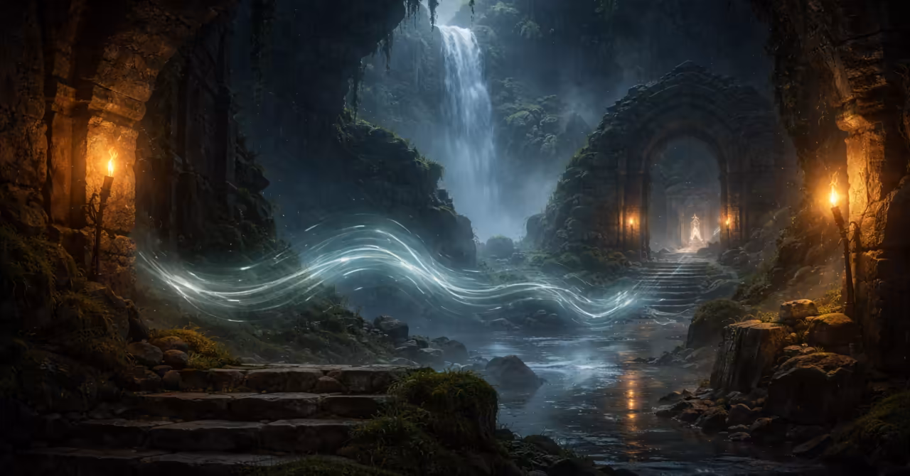 Fantasy RPG ruins with ambient sound ripples guiding attention through torchlit stone passages and cavern space.