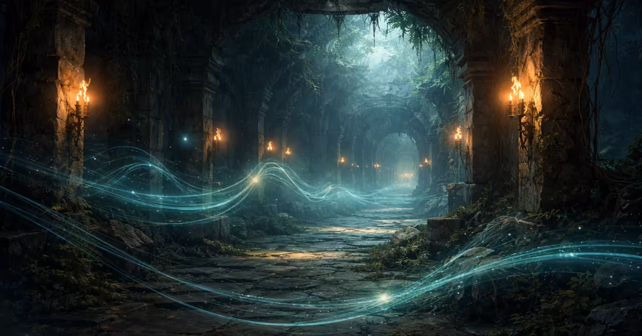 Fantasy RPG ruin with glowing sound waves and echo trails revealing hidden narrative meaning in a torchlit stone hall.
