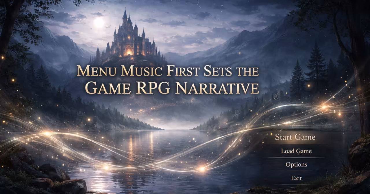 Fantasy RPG title screen with glowing sound waves and menu music visualised over a castle landscape, suggesting narrative mood before gameplay begins.