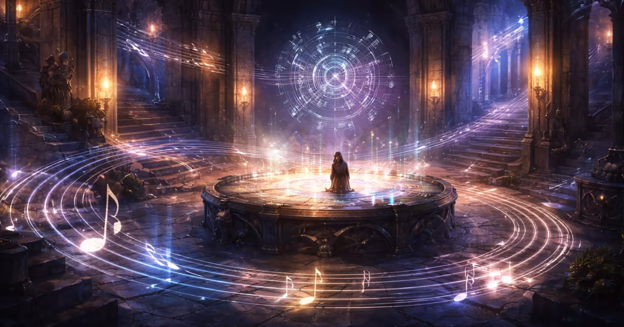 Fantasy hall with glowing musical notation and design patterns woven into an RPG environment, suggesting music theory shaping gameplay and player experience.