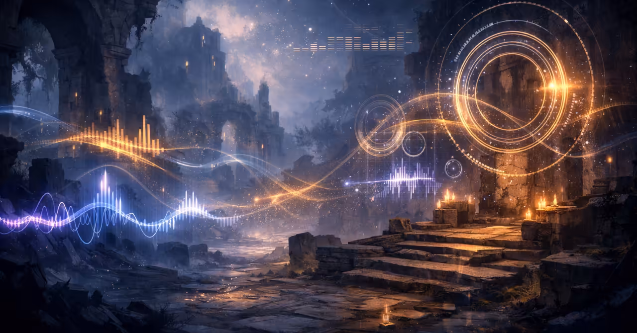 Fantasy RPG ruins with glowing AI sound waves and dynamic audio patterns flowing through the environment in blue, violet, and gold light.