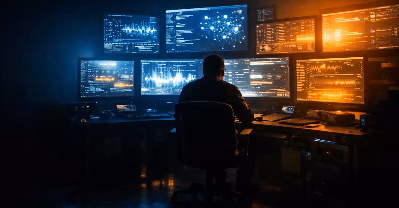 Human operator reviewing complex AI outputs on glowing screens in a dark control room