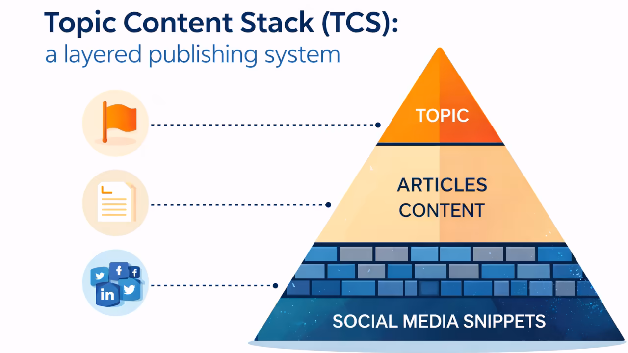 Pyramid diagram showing Topic Content Stack layers from social snippets to topic