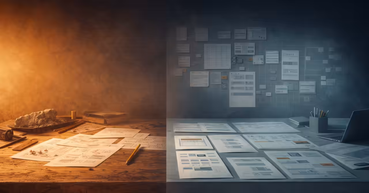Workbench shifting into an organised workflow space, showing the move from craftsmanship to system design.