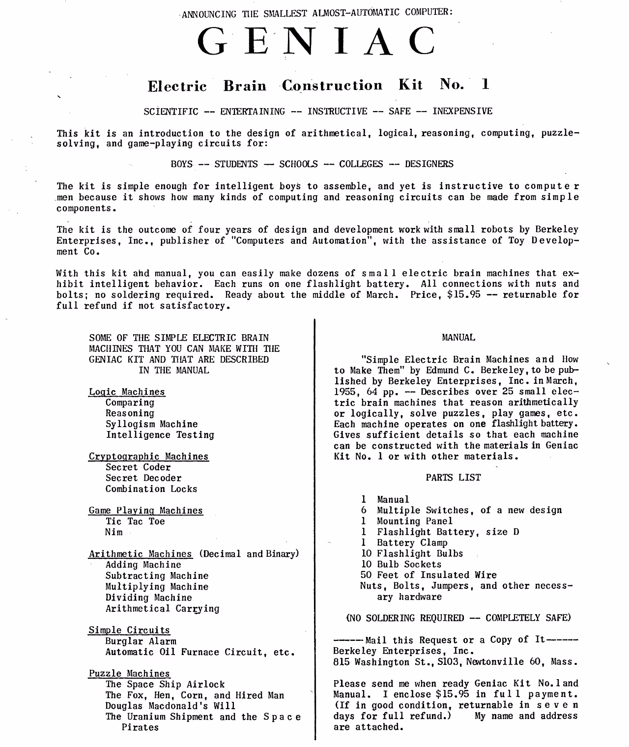 GENIAC advertisement from Computers and Automation showing the electric brain construction kit