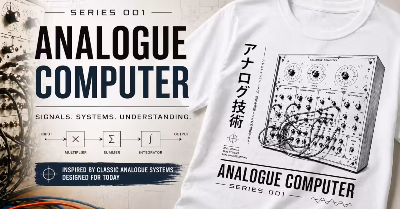 Widescreen banner showing Analogue Computer Series 001 t-shirt with retro panel graphic, Japanese text, and signal flow diagram on a clean technical background