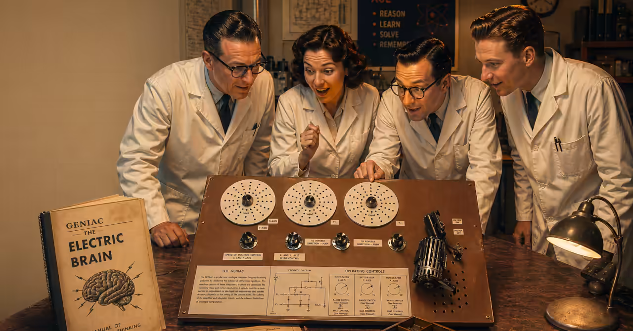 1950s GENIAC-style circuit board with switches, wires, bulbs, and an electric brain manual on a warm workbench