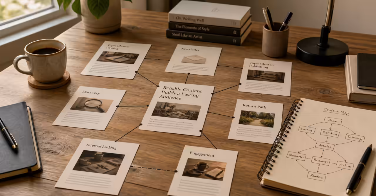 Workspace with printed articles connected by lines, showing a structured content system and reader pathways