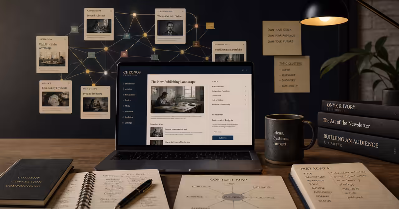 Publisher’s desk with connected digital articles, metadata notes, and newsletter layouts showing an independent publishing system.