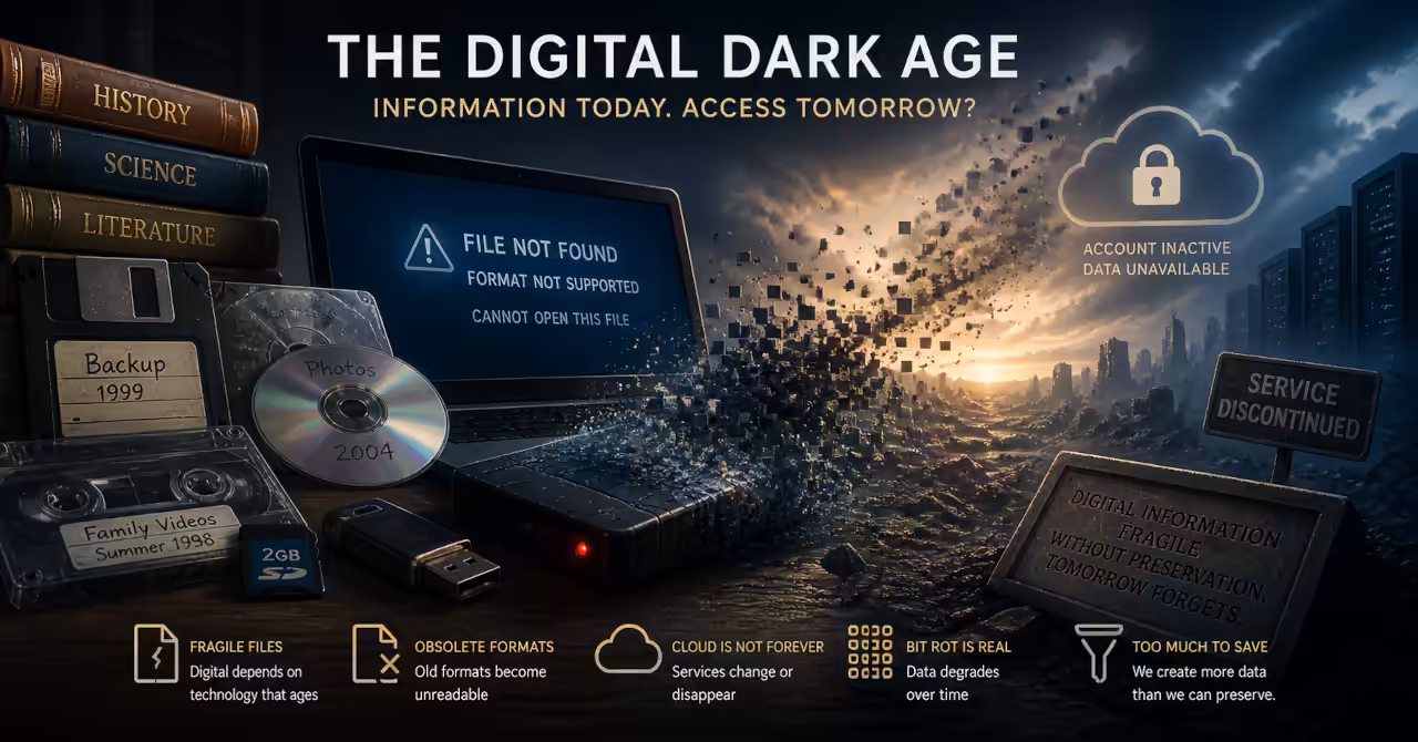 Vintage digital storage media and fading data streams symbolising the fragility of digital memory and the Digital Dark Age.