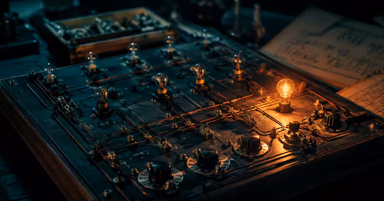 A vintage electric brain circuit board with switches, wires, and one glowing lamp representing machine reasoning.