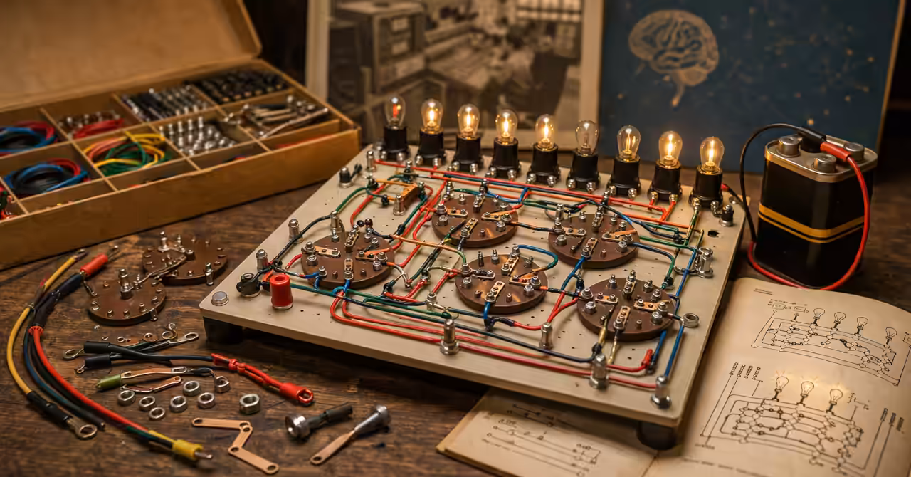 Vintage GENIAC analogue computer kit with glowing bulbs, exposed wiring, rotary switches, and circuit diagrams on a mid-century workbench