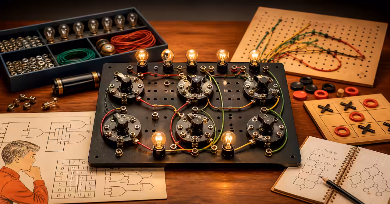 Vintage GENIAC-style logic board with glowing bulbs, rotary switches, exposed wiring, diagrams, and game pieces arranged across a wooden tabletop
