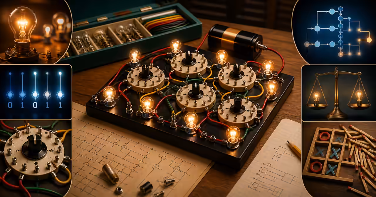 Vintage GENIAC electric brain kit with glowing bulbs, rotary switches, visible wiring, binary diagrams, and tabletop logic circuits in warm retro lighting