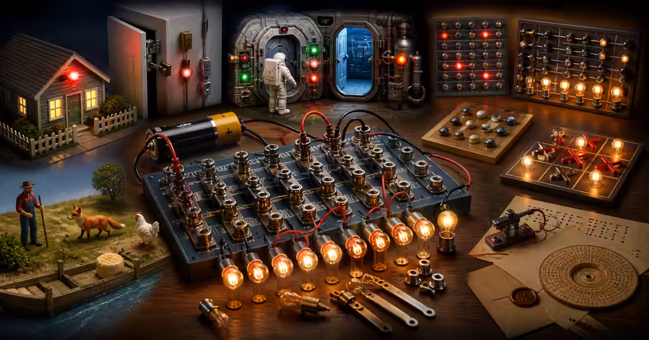 Vintage GENIAC-style analogue computer kit surrounded by glowing bulbs, logic circuits, code wheels, game boards, and miniature problem-solving scenes