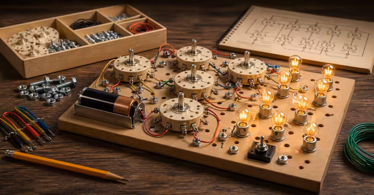 Vintage GENIAC-style analogue computer kit with glowing bulbs, rotary switches, exposed wiring, battery power, and modular logic components on a wooden workbench