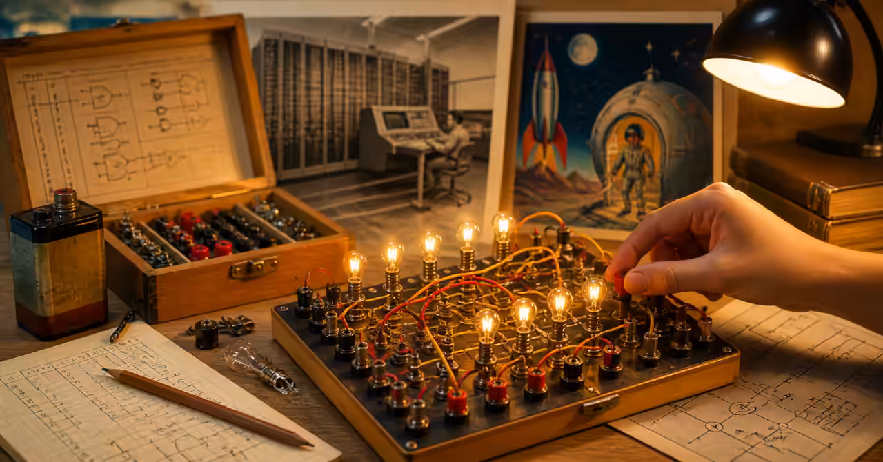 A vintage-style GENIAC-inspired logic machine with glowing bulbs, exposed wiring, switches, diagrams, and a hand adjusting circuits on a workshop desk