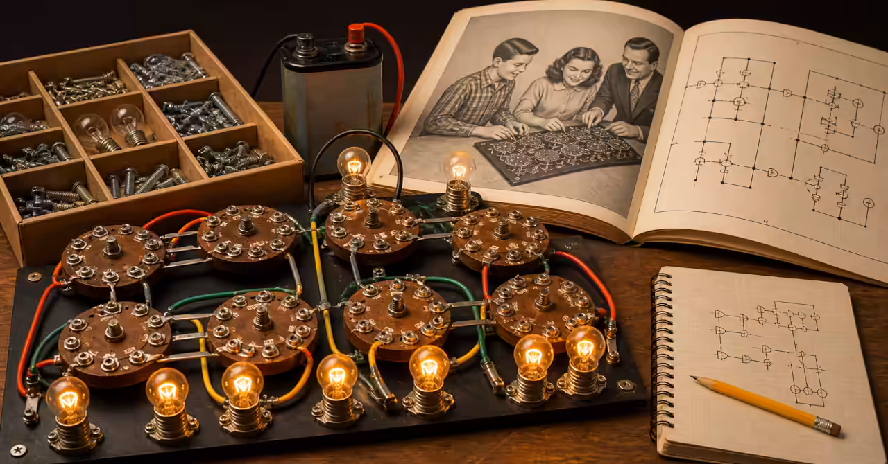 A mid-century hobbyist studies a GENIAC electric brain kit at a crowded workbench filled with wires, switches, manuals, and glowing bulbs