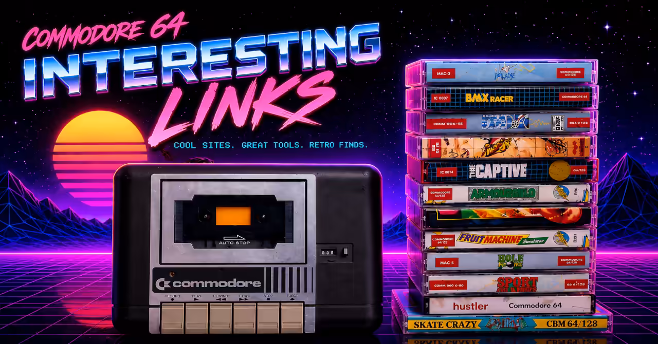 Commodore Datasette and stack of C64 cassette games in a neon synthwave landscape promoting Commodore 64 interesting links and retro discoveries.
